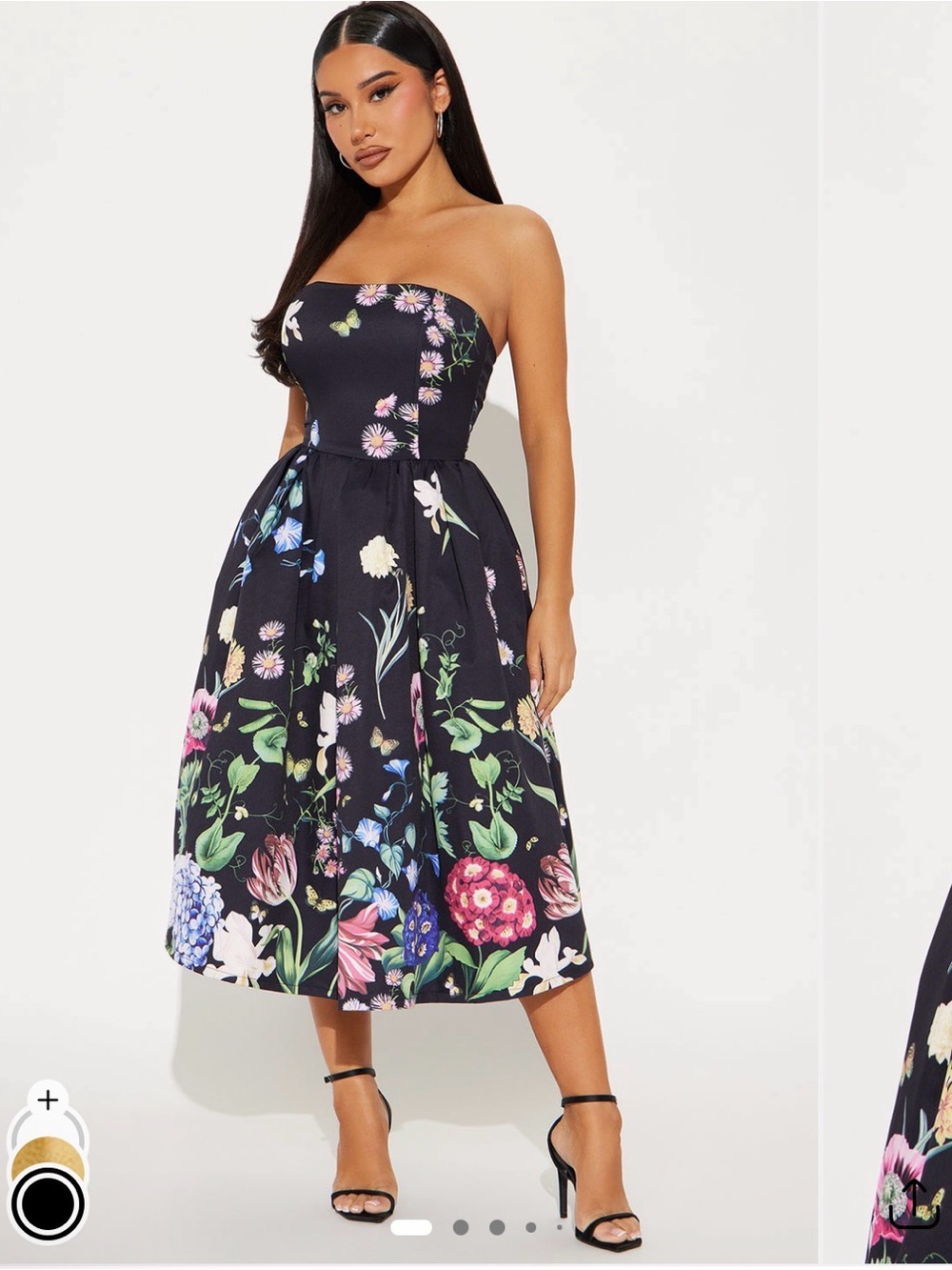 Strapless Black Floral Midi Dress